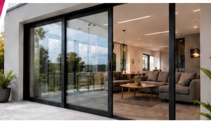 Modern black aluminium sliding doors opening to a living area